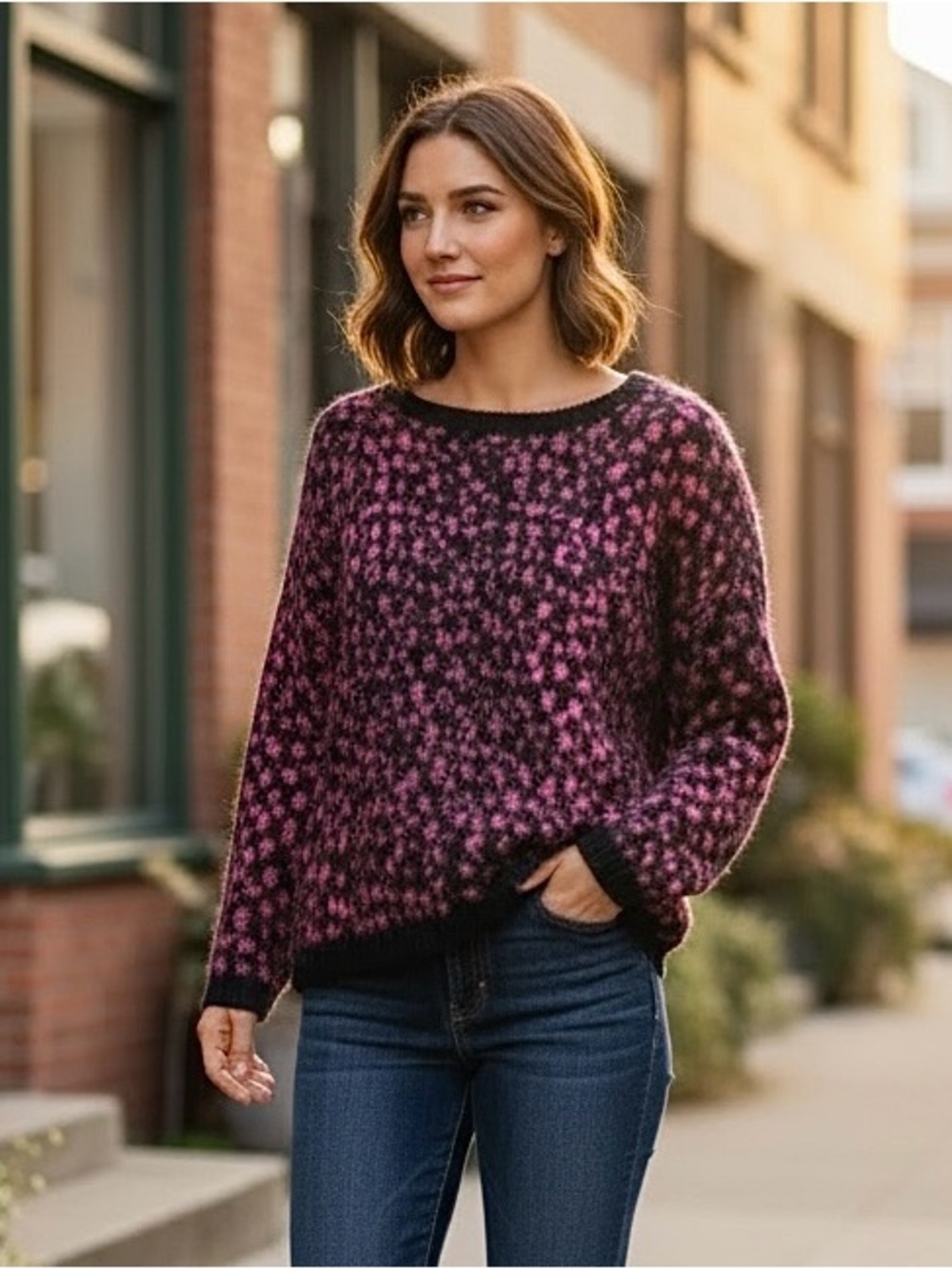 French Connection Sweater Alpaca Blend Size S Black Pink Oversized Cropped